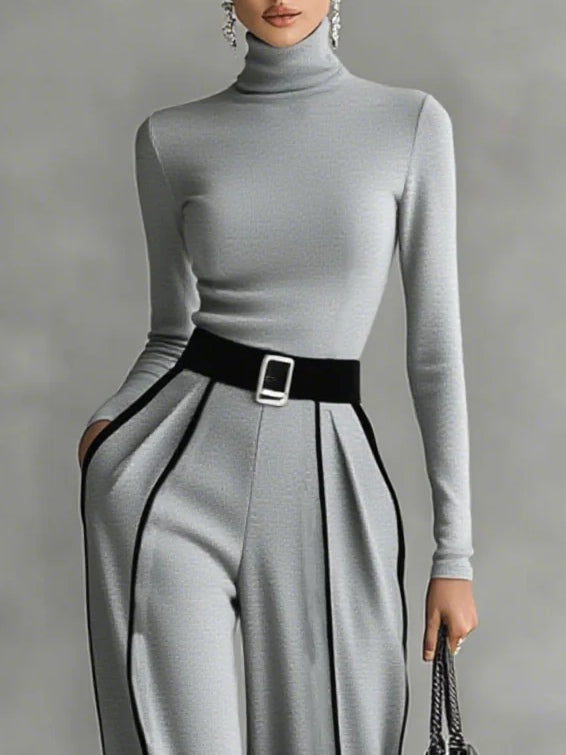 Sylvia | High Neck Long Sleeve Top with Wide Leg Pants and Belt