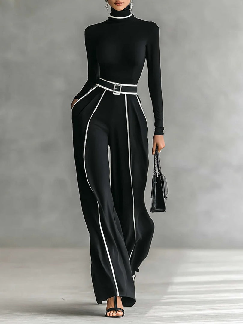 Sylvia | High Neck Long Sleeve Top with Wide Leg Pants and Belt