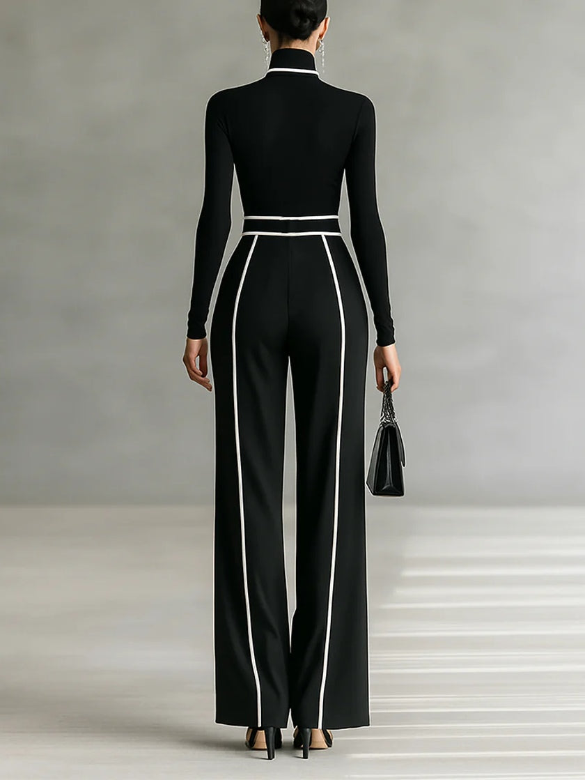 Sylvia | High Neck Long Sleeve Top with Wide Leg Pants and Belt