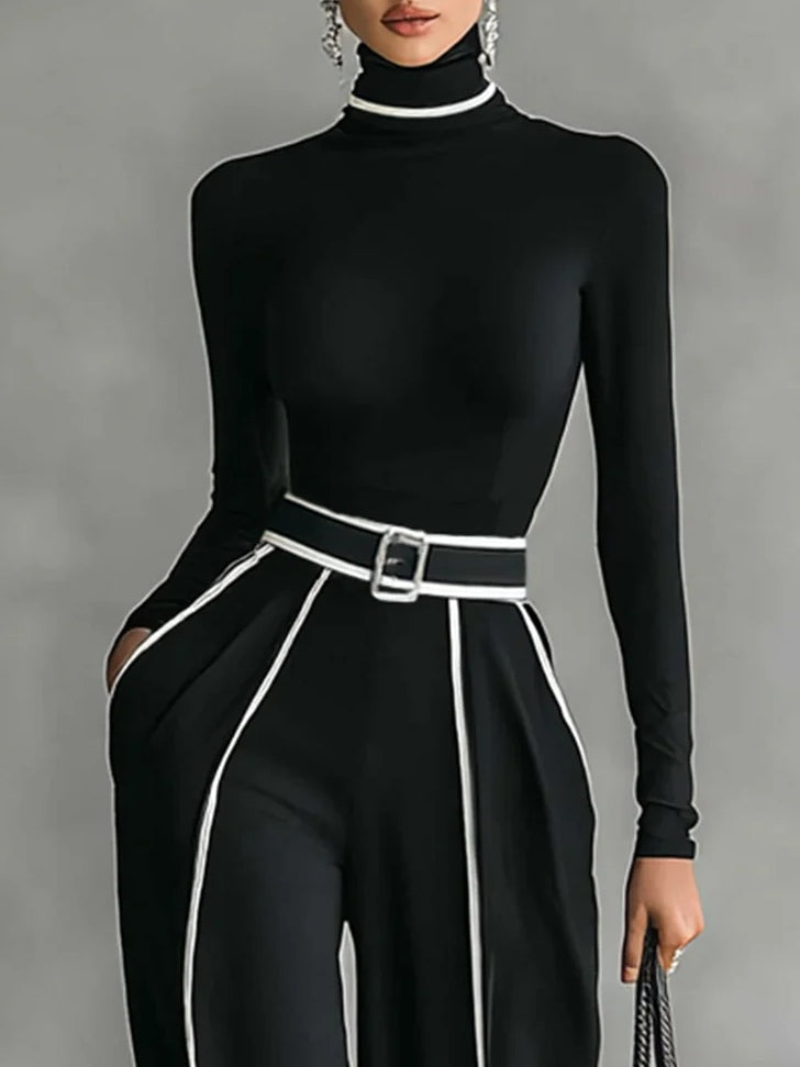 Sylvia | High Neck Long Sleeve Top with Wide Leg Pants and Belt