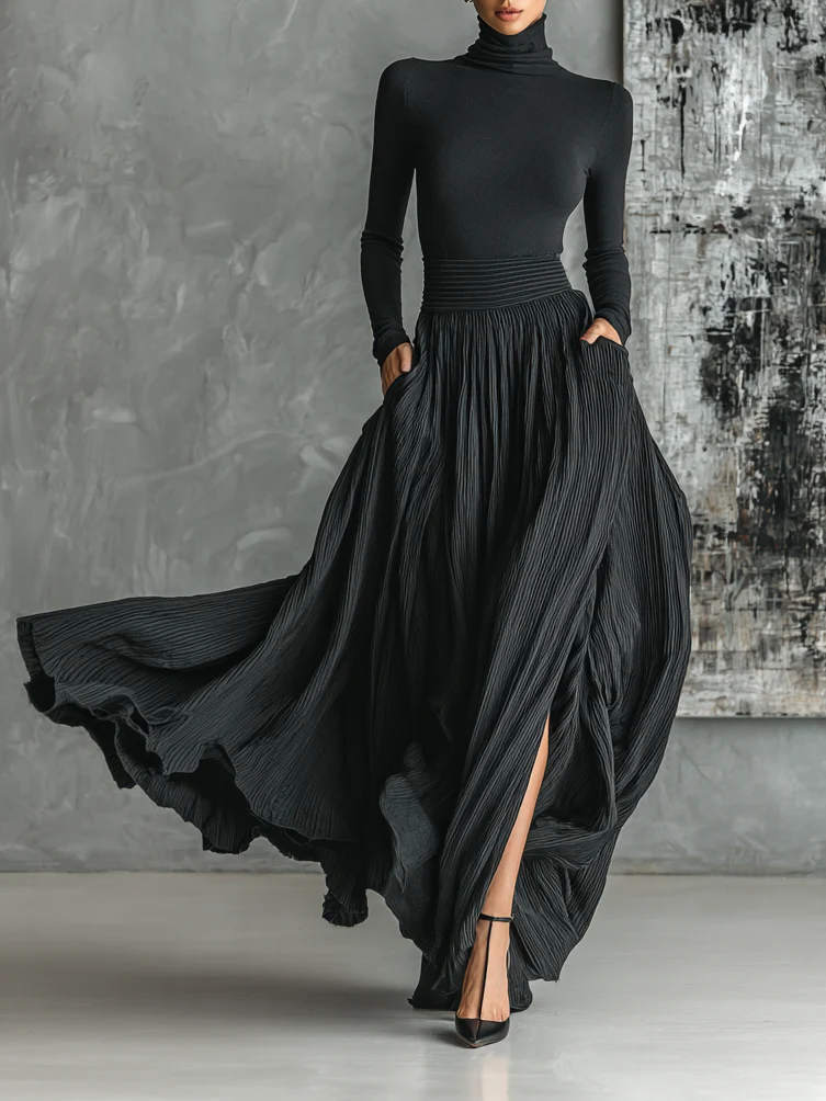 Josephine | Pleated Skirt and Black Long Sleeve Fitted T-Shirt Set