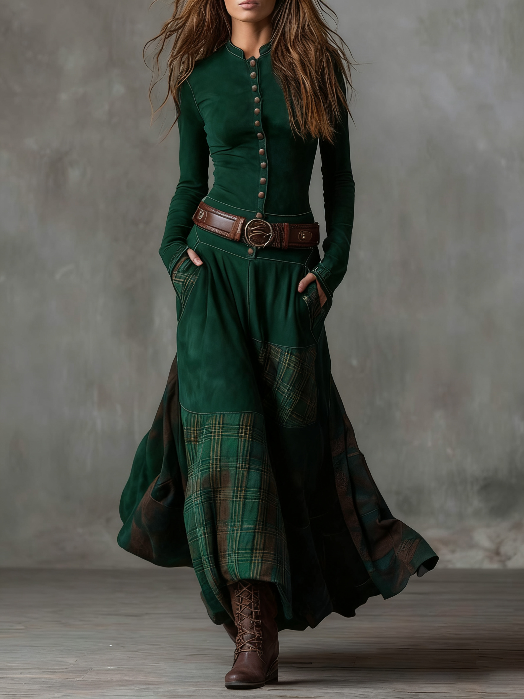 Harper | Vintage Long Dress in Navy Blue Suede Check