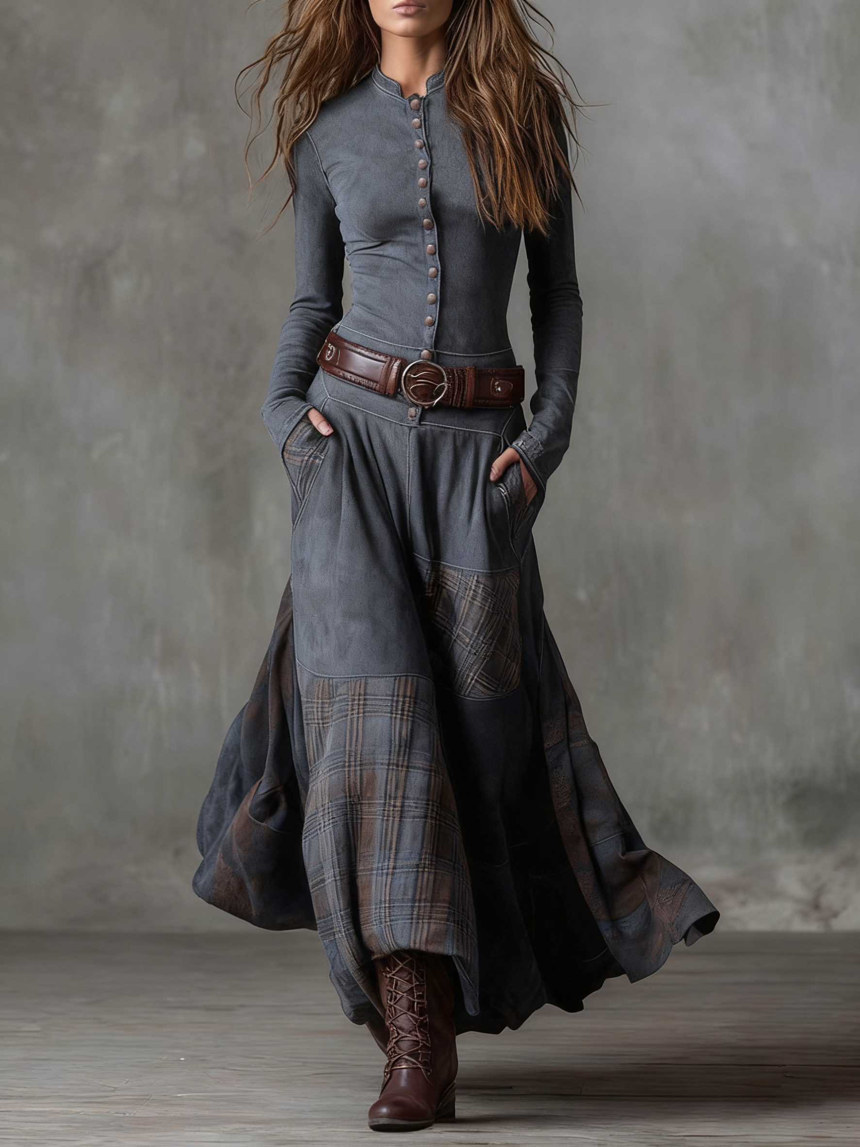 Harper | Vintage Long Dress in Navy Blue Suede Check