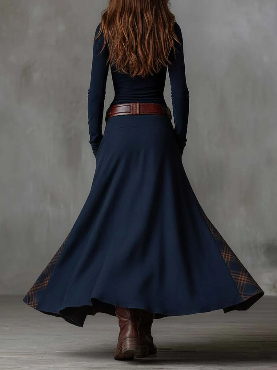 Harper | Vintage Long Dress in Navy Blue Suede Check