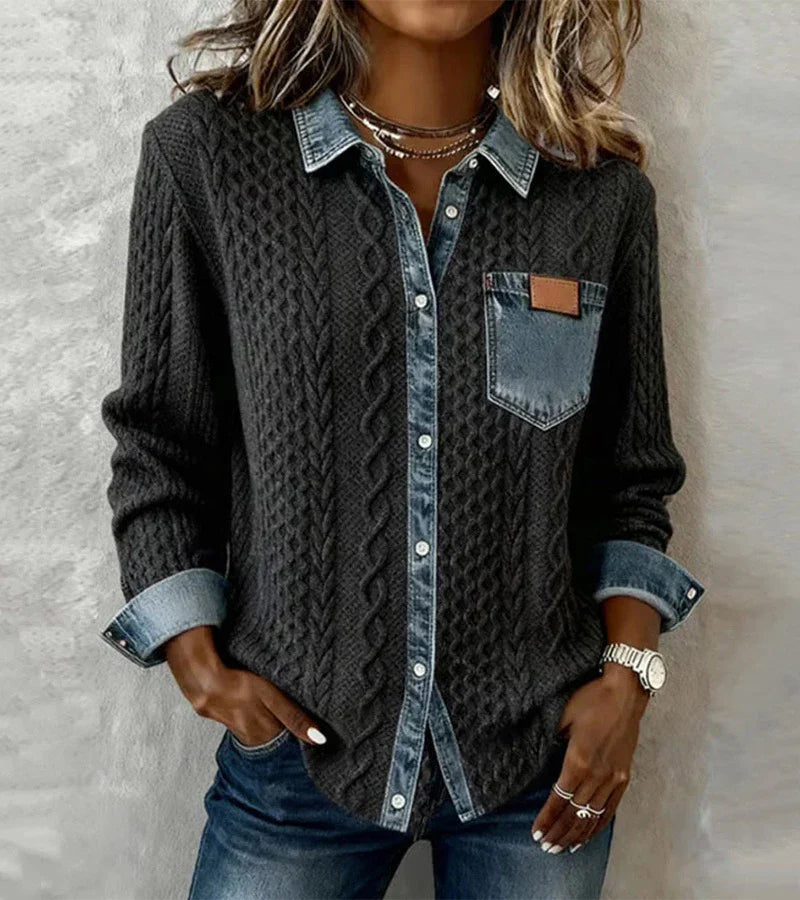 Lauren | Patchwork Knit Top with Denim Details