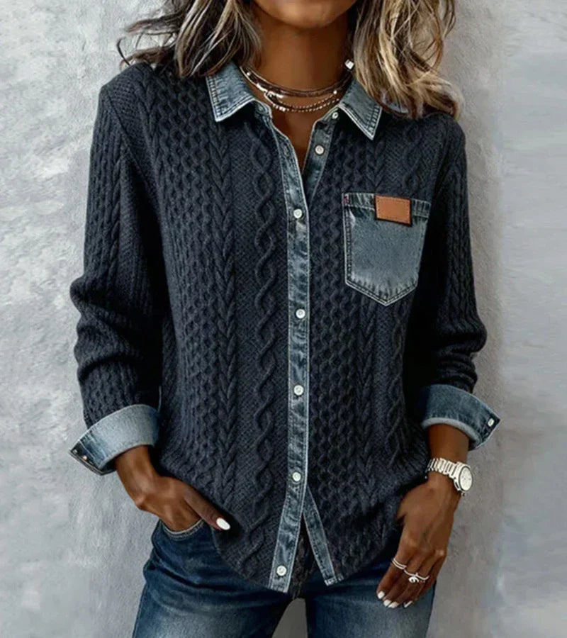 Amber | Knit Patchwork Top with Denim Details