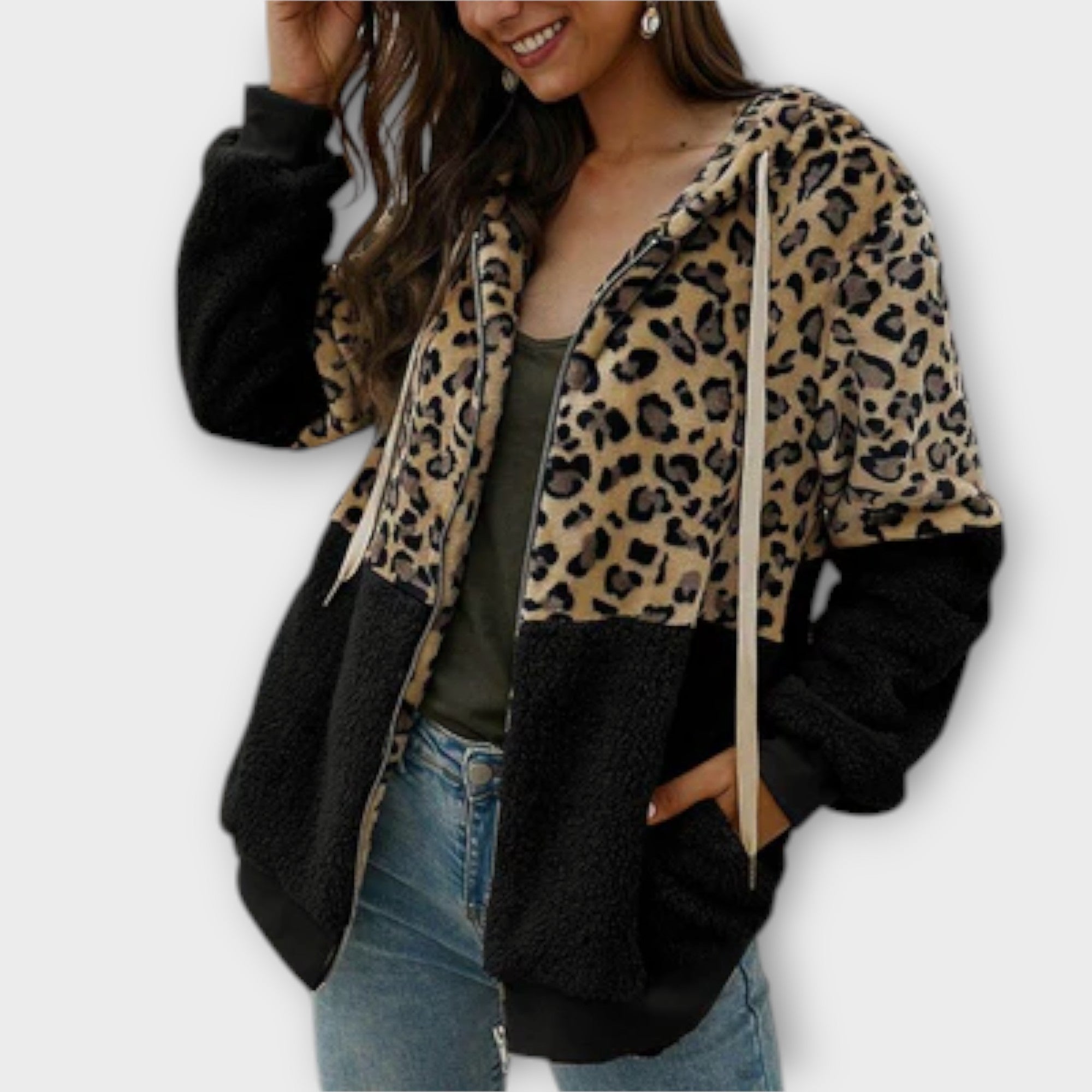 Eline | Fleece Hoodie with Leopard Design