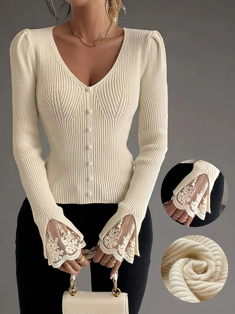 Margaret | Ribbed Sweater with V-Neck and Lace Sleeves