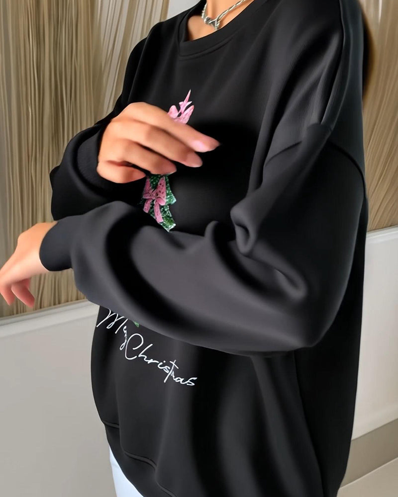 Megan | Round Neck Long Sleeve Christmas Print Sweatshirt