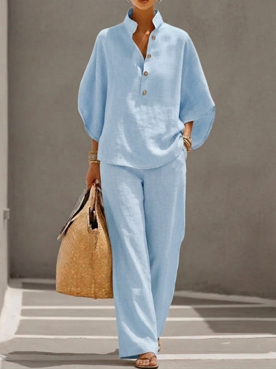 Autumn | Cotton Linen Set with Batwing Sleeves and Wide Pants